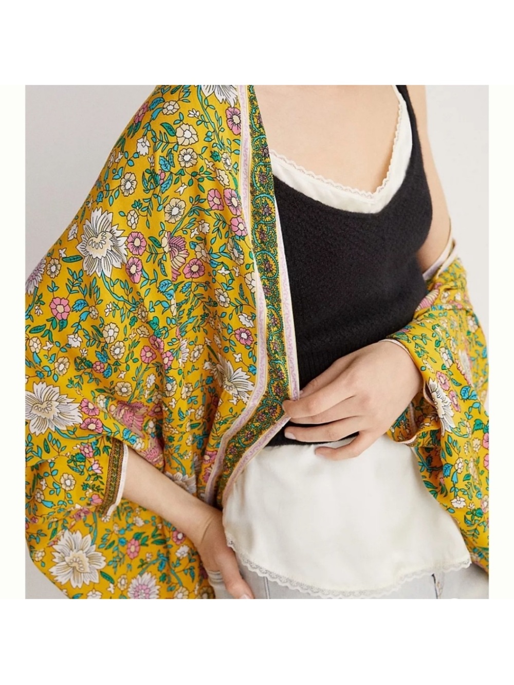 Anthropologie Floral Cocoon Kimono Yellow One Size